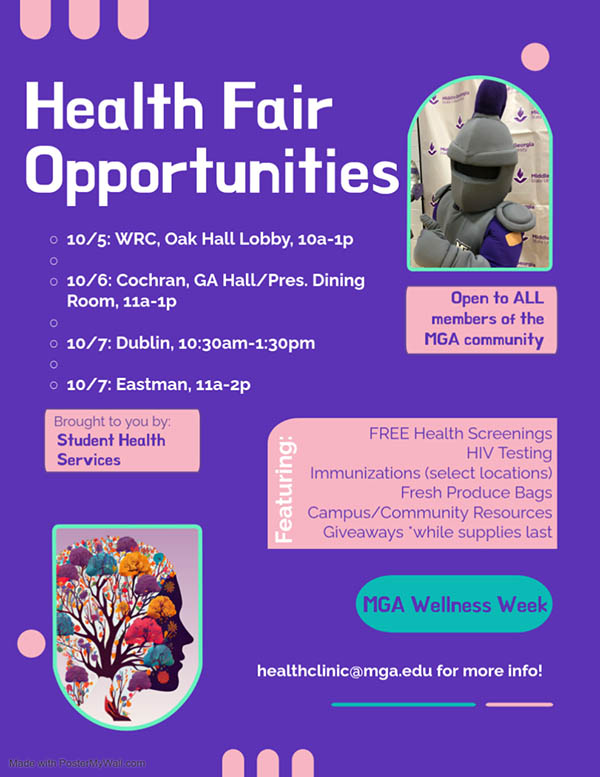 Flyer for MGA Wellness Week "Health Fair Opportunities," featuring free health screenings, HIV testing, immunizations, fresh produce bags, community resources, and giveaways across MGA campuses from October 5 to October 7.